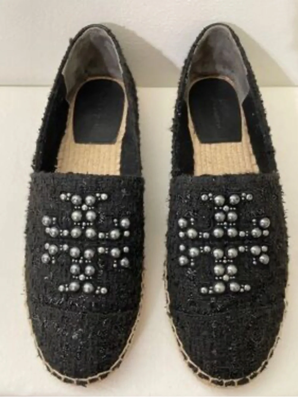 Tory Burch Black Pearl-Embellished Espadrille Flats Size 6.5